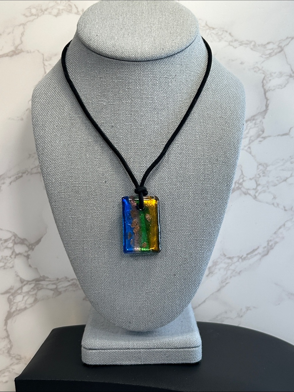 Handmade Glass Pendant Necklace - Blue, Green & Gold